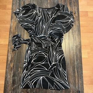 S.L. Fashions Black and White Leaf Print Mini Dress